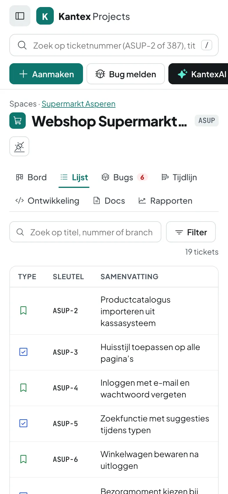 Kantex Projects op een telefoon