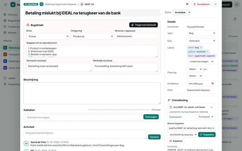 Een ticket met branches, commits en subtaken